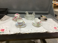 VINTAGE CHICKEN PIN DISH, (4) TEA CUPS & SAUCERS, TABLECLOTH