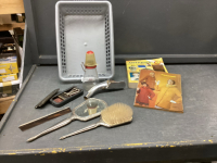 BOX W/ VINTAGE/ANTIQUE ITEMS - NUT GRINDER, VANITY SET, MCLEODS CATALOGUE, OIL SPOUT, SHAVER, BOOK ON ANTIQUES