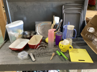 BOX W/CASSEROLE DISHES, UTENSIL &ldquo;BOOT&rdquo; HOLDER, BAKING SHEETS, GO CUP, MUGS