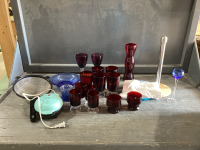 SMALL WAFFLE MAKER, RED GLASS WARE, SIEVE, PAPER TOWEL HOLDER