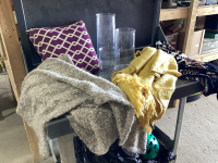 BOX W/ 3 LARGE VASES, PILLOW, THROWS, BLANKET AND BATHROOM SCALE