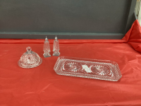 (3) PINWHEEL CRYSTAL PIECES - SMALL BUTTER DISH, PLATTER & GLASS SALT & PEPPER