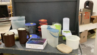 BOX OF PLASTIC FOOD STORAGE CONTAINERS AND BABY CAR CAMERA