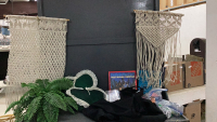 BOX W/ FAKE GREENERY, HEART PILLOWS, BLACK CURTAINS, MACRAME WALL HANGINGS, CRAFT PAINT & BRUSHES