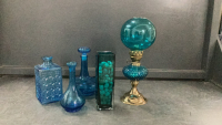 COLLECTION OF BLUE GLASSWARE - OIL LAMP, VASES, BEADS, CARAFES