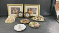 2-PICTURES, ANTIQUE PETITE POINT PICTURE, 22KT GOLD TRIMMED CREAM & SUGAR, CANDY DISHES