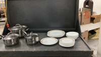 (2) BOXES W/ KITCHEN ITEMS - LOGASTINA STAINLESS FRY PANS AND CORELLE DISH SET