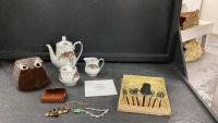 SMALL BOX W/ TEAPOT, CREAM & SUGAR, VINTAGE FORK SET, MINI CRIBBAGE TRAVEL KIT, JEWELRY