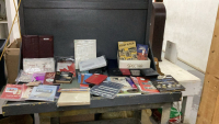 LARGE BOX OF CURRENCY AND STAMP COLLECTING - BOOKS, DISPLAY CASES, STAMP HOLDERS & HINGES,
