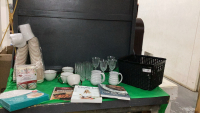 (2) BOXES W/ KITCHEN ITEMS - MUGS, CRYSTAL GLASSES, COFFEE CUP W/LIDS,