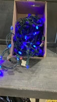 BOX OF CHRISTMAS LIGHTS + BOX W/ MISC GLASSWARE