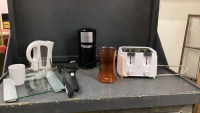 BOX OF HOUSEHOLD ITEMS - TOASTER, , SCALE, B&D SINGLE SERVE COFFEE MAKER, KETTLE