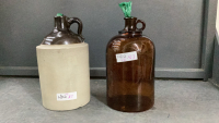 (2) ONE GALLON JUGS - WHISKEY (POTTERY) AND GLASS