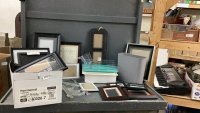 (2) BOXES W/ PICTURE FRAMES, UTENSIL ORGANIZER, PLASTIC BIN