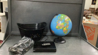 LG DVD PLAYER, GLOBE ON PLASTIC FRAME IN A PLASTIC BUCKET