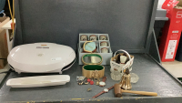 LARGE GEORGE FOREMAN GRILL, SAKI SET, TRINKET BOX, VINTAGE SALT & PEPPER