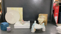 ROYAL ALBERT PLATTER, (2) AVON SNOWLADIES CANDY DISHES, AVON CANDLE, FLORAL VOTIVE HOLDER