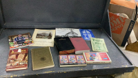 BOX W/ BIBLE, COOKBOOKS, TABER HISTORY, CASSETTES, CATHOLIC BOOKS