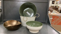 (3) METAL CONTAINERS, (1) GOLD CERAMIC BOWL