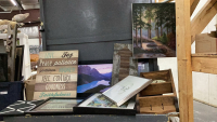 BOX W/ PICTURES, RUSTIC ARROW ON WOOD, CLOCK ON WOOD SHELF & HOOKS