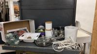 (2) BOXES OF HOUSEHOLD & KITCHEN ITEMS - SS FRYPANS & LARGE POT, EXTENSION CORDS, SERVER,