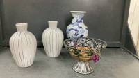 COLLECTION OF VASES AND METAL BASKET