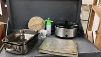 BOX W/ GE CROCK POT, CUTTING BOARD, BAKING SHEETS, STAINLESS KITCHENAID ROASTER
