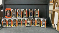 GOOD LIDDED TOTE W/ (15) COLLECTIBLE HOCKEY BOBBLE HEADS - 2002