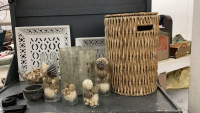 LARGE BOX OF DECOR ITEMS - WICKER BASKET W/ LID, CORK COLLECTION, LARGE GLASS VASE, WOOD DECOR BASKETS