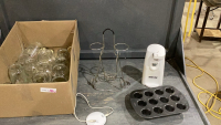 BOX OF JARS + BAKING PAN, ELECTRIC CAN OPENER