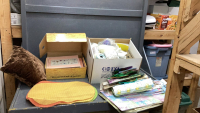 LARGE BOX OF CROCHET YARN & KNITTING WOOL, PILLOW, GIFT BAGS, EMBROIDERY & SEWING BOOKS