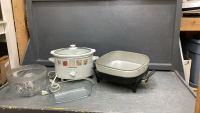 CROCK POT, ELECTRIC FRYPAN, GLASS MIXER BOWL W/ BEATERS, GLASS LOAF PAN