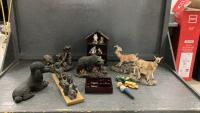 MISC DECOR ITEMS - COLLECTIBLE MINI ANTIQUE CARS IN SHELF, INUIT SOAP STONE CARVING, RESIN DEER