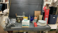 (2) BOXES OF KITCHEN ITEMS -, MEAT SLICER, MUGS, MISC PLATES, TINS