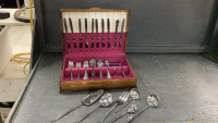 WOOD CUTLERY BOX W/ FLATWARE- SOME ARE UNMATCHING