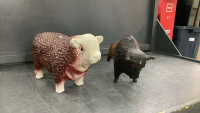 CERAMIC HERFORD BULL MONEY BANK AND CERAMIC BUFFALO (BROKEN LEG)