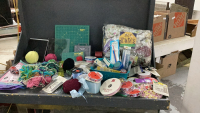 BOX W/ CRAFTING ITEMS, RIBBON, CUTTING MATS, SEWING NOTIONS ETC