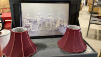 (2) BURGANDY LAMP SHADES + LARGE FRAMED PICTURE