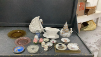 CERAMIC SWAN VASE, MUSICAL REVOLVING CHRISTMAS TREE, GRAVY BOAT & TRAY, AMBER GLASS PLATTER, SALT & PEPPER SHAKERS, SMALL COLLECTIBLE PLATES