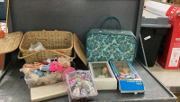 PICNIC BASKET & RETRO SUITCASE W/ DOLLS AND VINTAGE CLUTCH