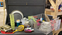 WIRE BIN W/SMALL SLOW COOKER, PLATES, STRAINERS, GLASSWARE, BAKING PANS