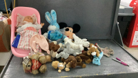 GOOD LIDDED TOTE W/ STUFFIES AND DOLL & CRADLE