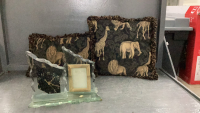 (2) THROW PILLOWS AND GLASS SLAB W/ CLOCK & FRAME