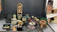 BOX W/ VARIOUS ANTIQUES & COLLECTIBLES - TOBACCO TINS, ASHTRAY, OLD BOOKS
