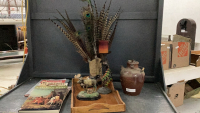 BOX W/ PHEASANT FEATHER DECOR IN COWBOY BOOT, MOOSE ORNAMENTS, WOOD TRAY, BOOKS, POTTERY JUG