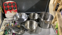 UTENSILS, CUTLERY, S/S MIXING BOWL, S/S POTS & ELF ON SHELF BAKING PAN