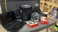 PAPER SHREDDER, LAPTOP, SKYPE CHAT HEADPHONES, ADDING MACHINE