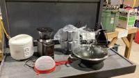 BOX W/FRYPAN TOWER,STRAINER, SPICE RACK, COFFEE GRINDER, RICE COOKER