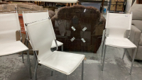 GLASS TABLE & WHITE LEATHER-LOOK CHAIRS