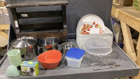 (3) PIECES - WOOD WINE RACK, BOX W/POTS, PLATES, WIRE RACKS,
